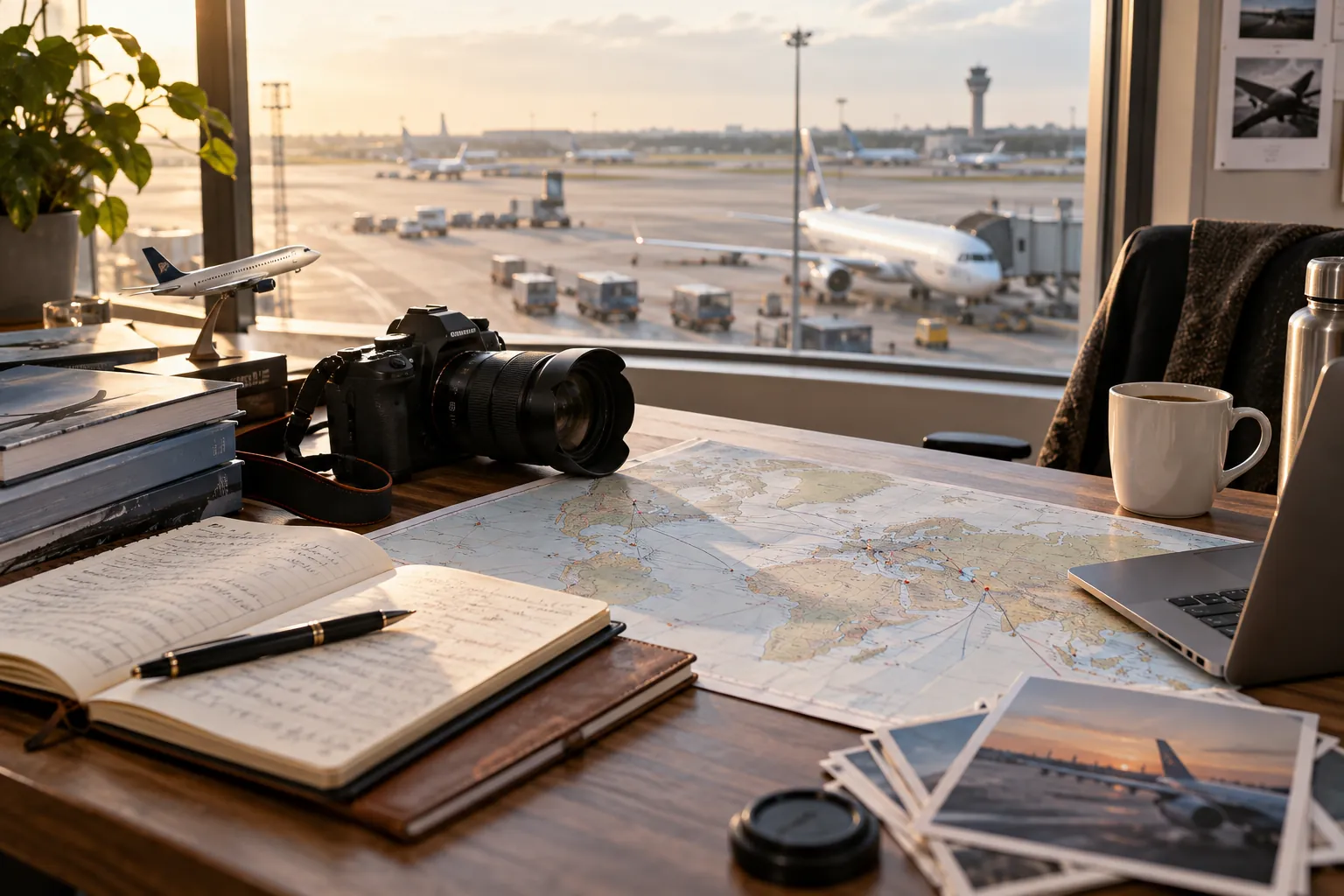 Schreibtisch einer Luftfahrtredaktion mit Blick auf den Flughafen