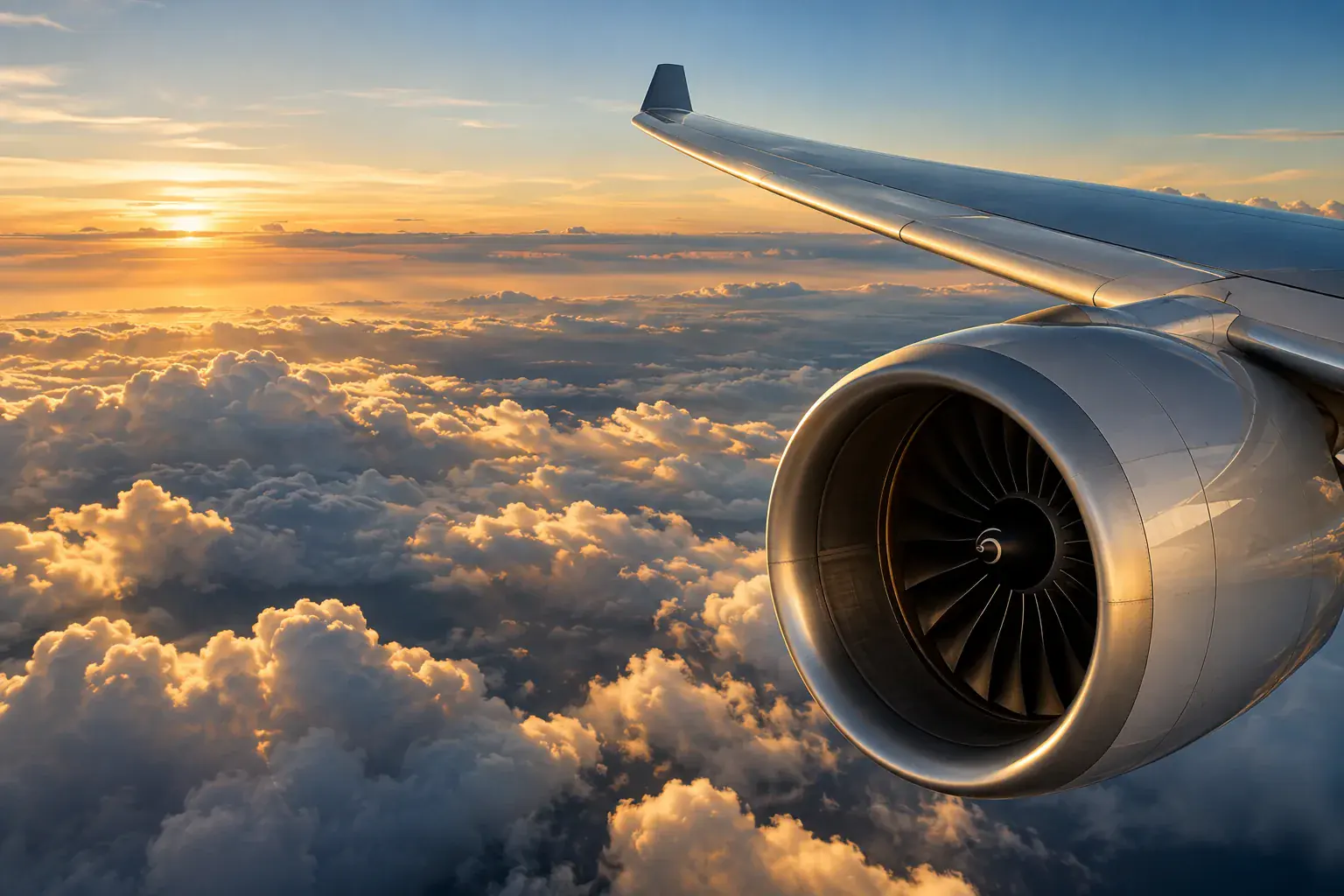 Tragfläche und Turbofan eines modernen Flugzeugs über den Wolken bei Sonnenuntergang