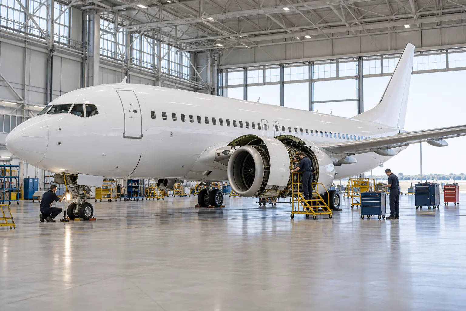 Wartungstechniker prüfen Triebwerk und Fahrwerk eines Flugzeugs im Hangar
