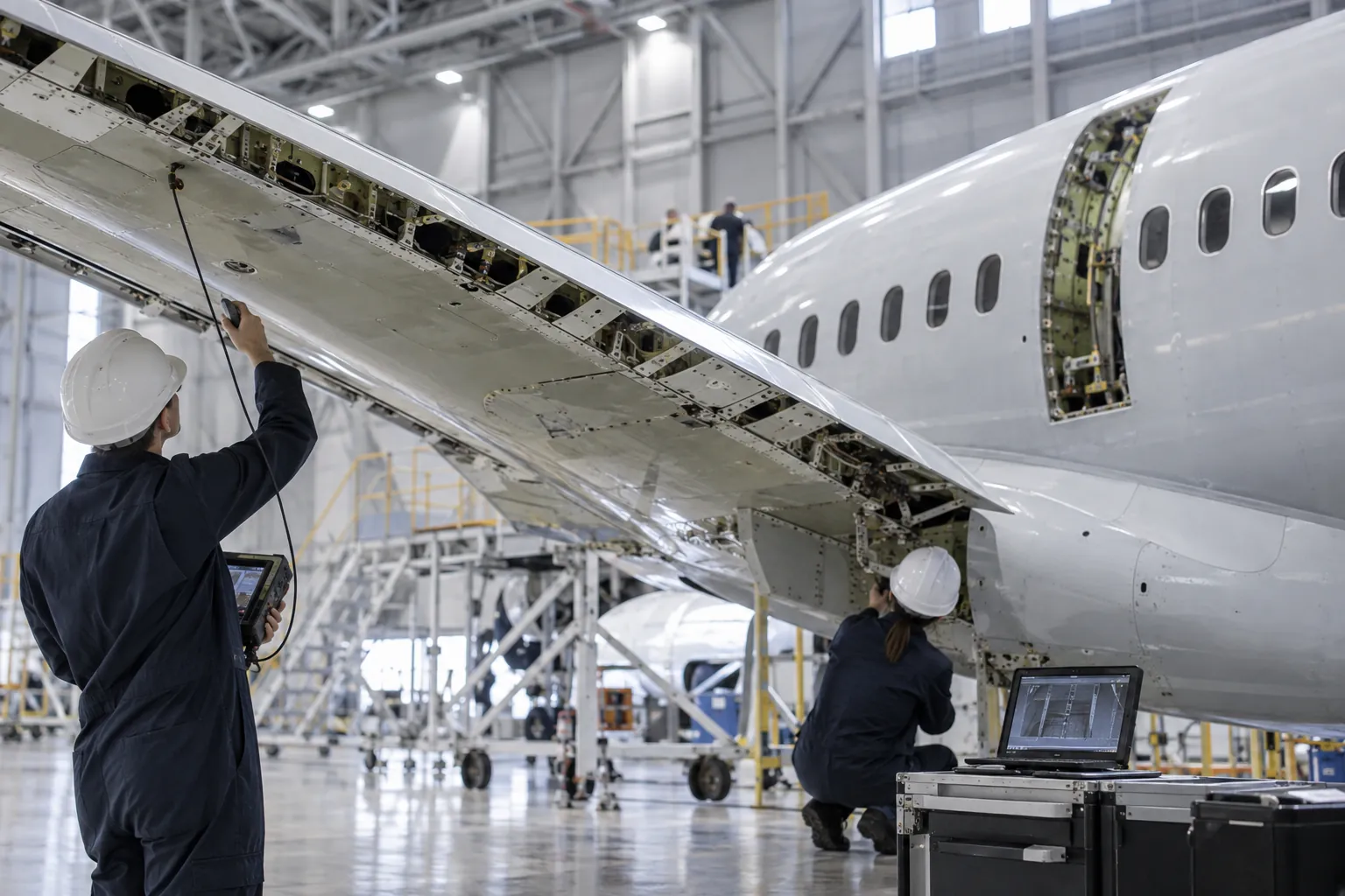 Ingenieure prüfen den Flügel eines Verkehrsflugzeugs