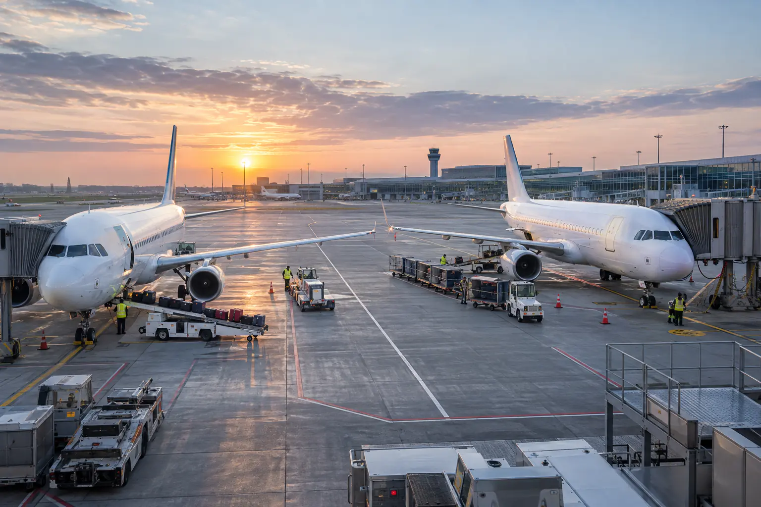 Zwei neutrale Passagierflugzeuge an benachbarten Gates eines internationalen Drehkreuzes