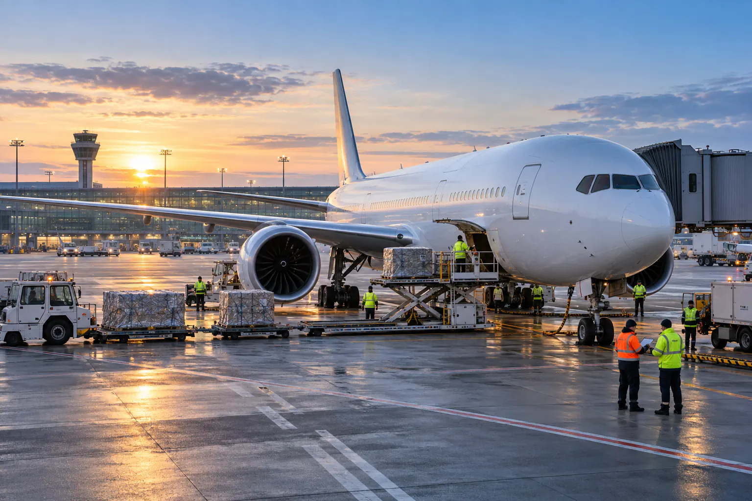 Neutrales Passagierflugzeug und Bodenteams bei der Koordination einer Abfertigung