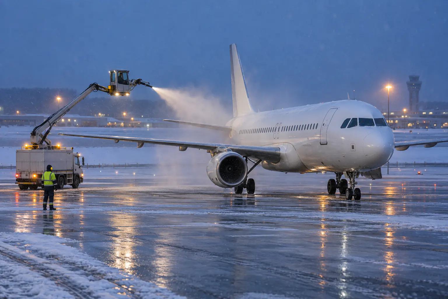 Bodenpersonal enteist ein Passagierflugzeug auf einem verschneiten Vorfeld