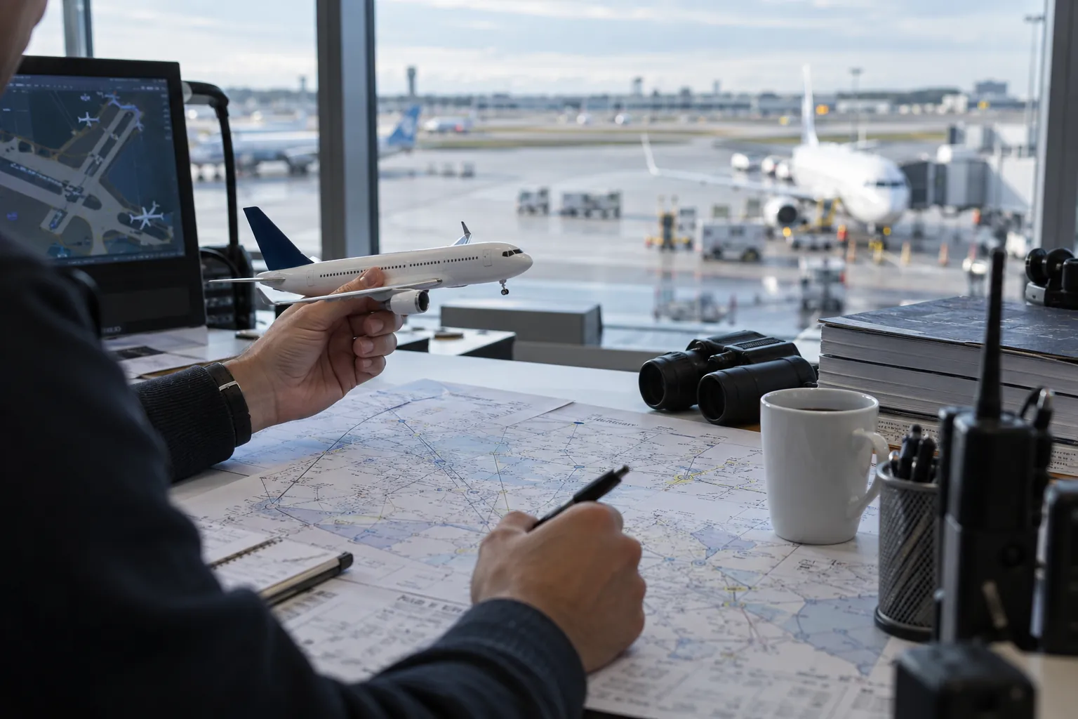 Luftfahrtkarten und Flugzeugmodell auf einem Arbeitstisch