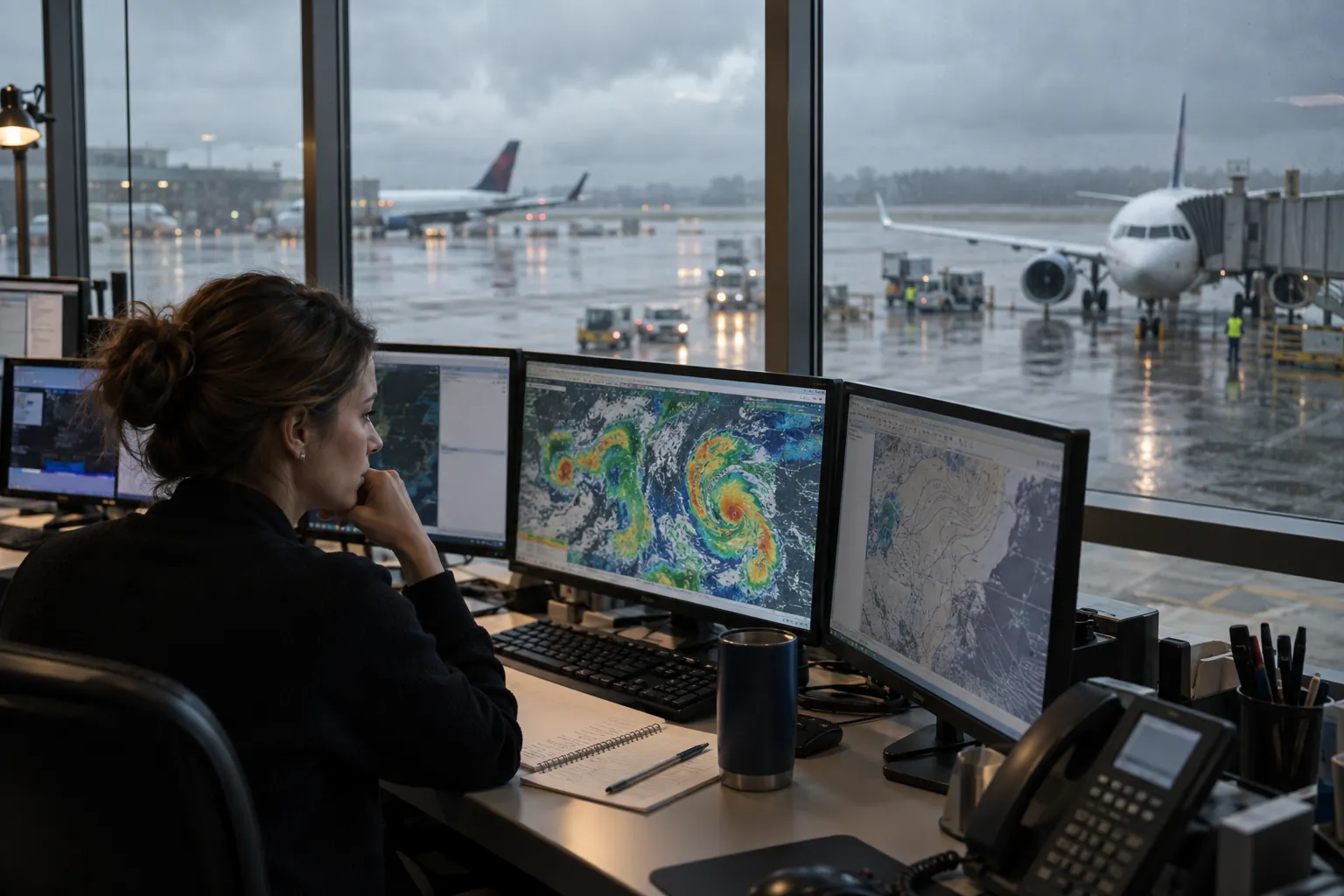 Dispatcher prüft Wetterdaten vor einem regnerischen Vorfeld