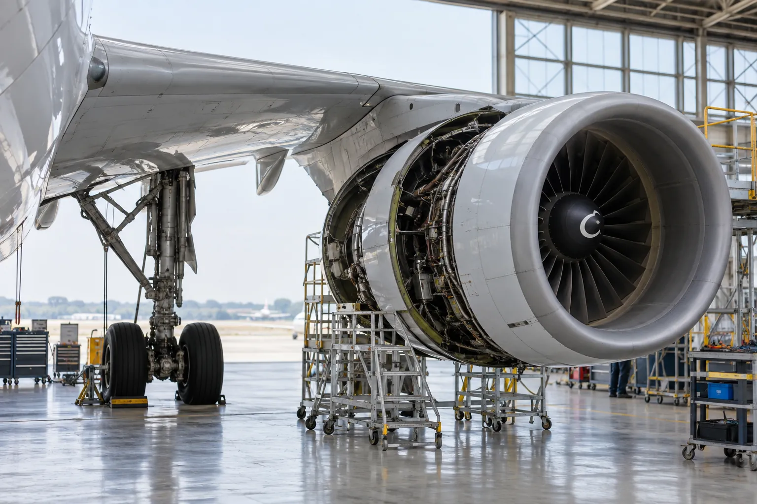 Commercial aircraft engine being inspected inside a maintenance hangar