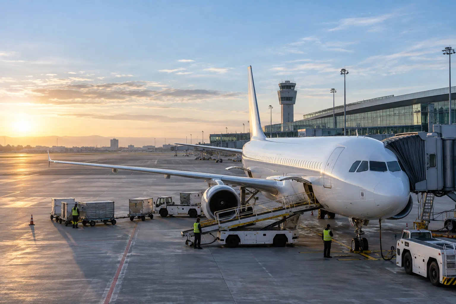 Avión de pasajeros y equipos de tierra en un gran aeropuerto