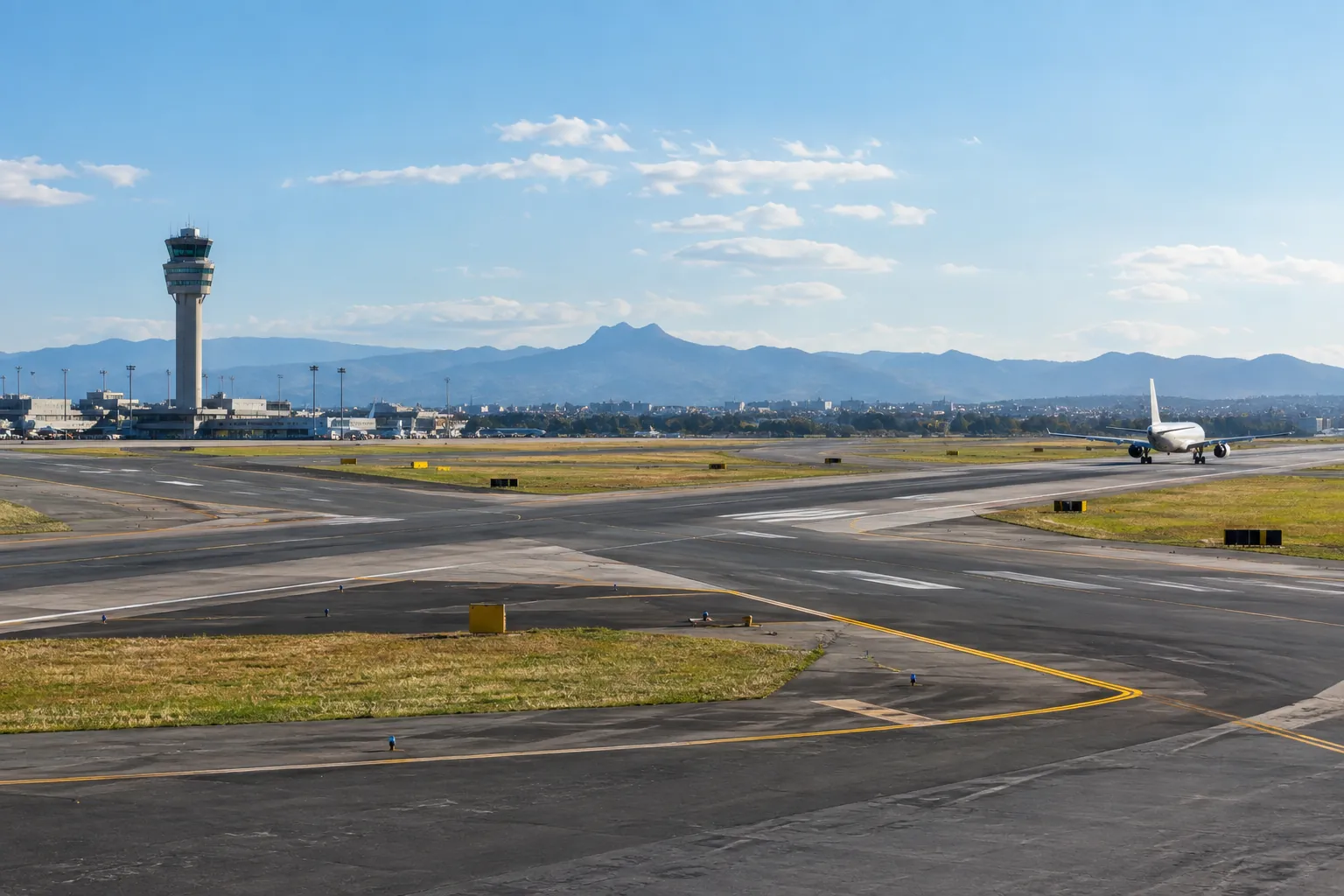 Runways, taxiways and control tower at a major airport