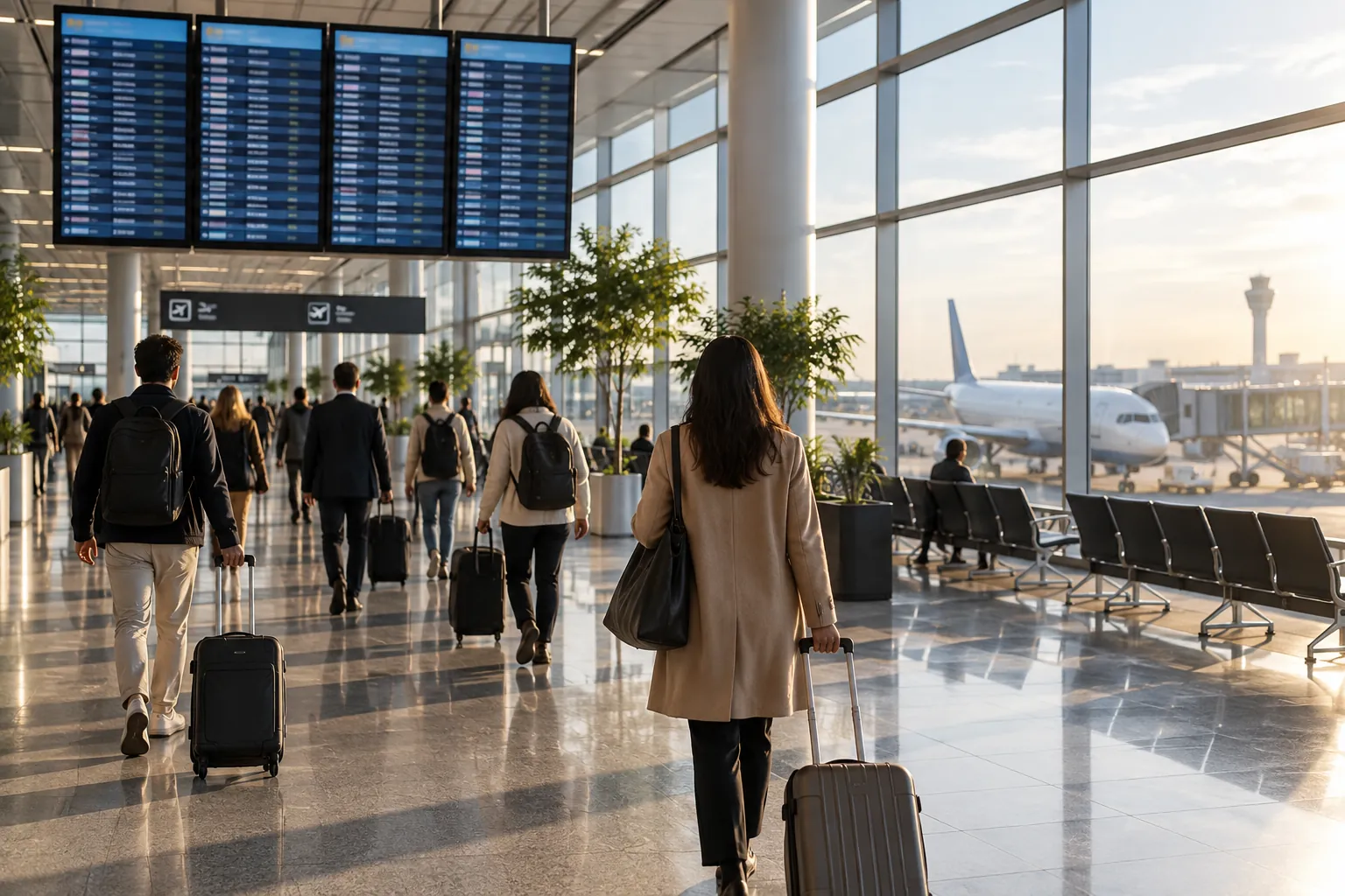 Viajeros caminando por la terminal hacia sus puertas