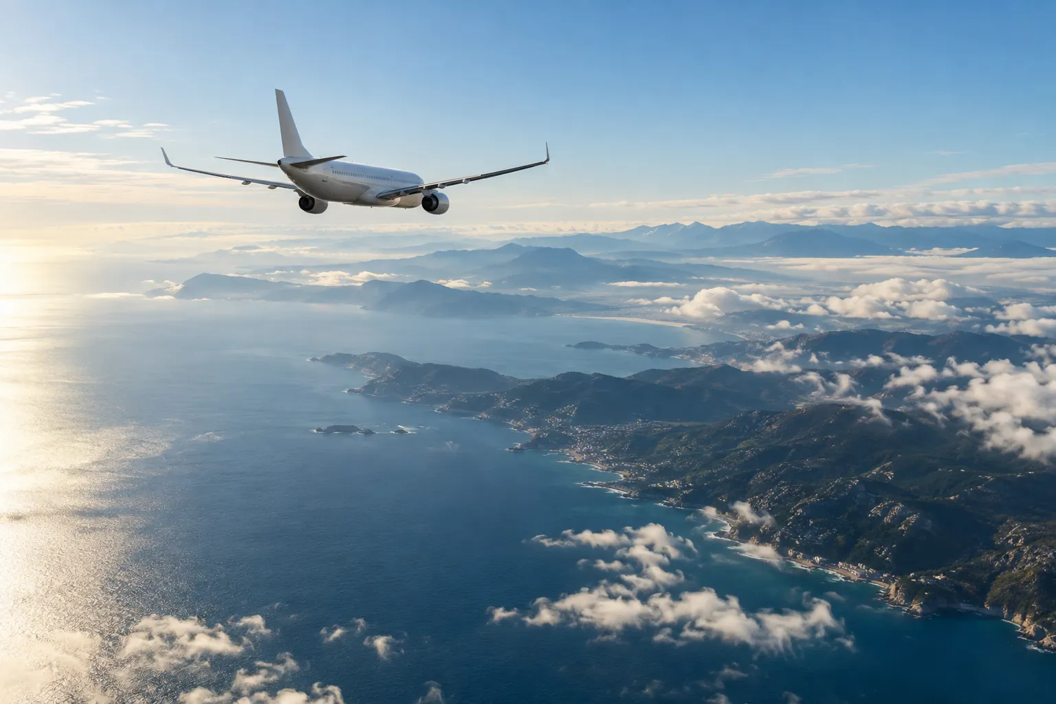 Passenger aircraft above a coastline and layered clouds