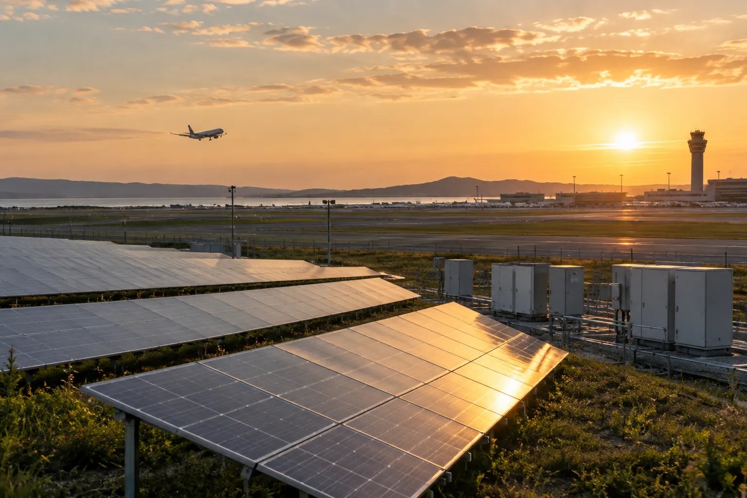 Solaranlage am Flughafen mit Flugzeug im Hintergrund