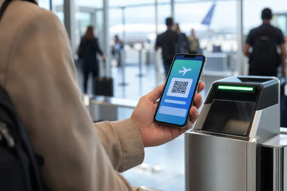 Reisende hält einen digitalen Nachweis am Flughafen auf dem Telefon