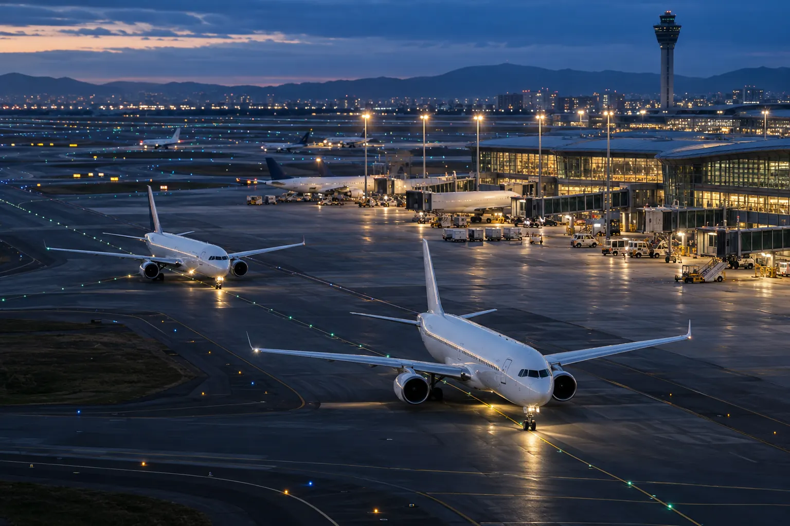 Flugzeuge rollen in der blauen Stunde an einem internationalen Flughafen