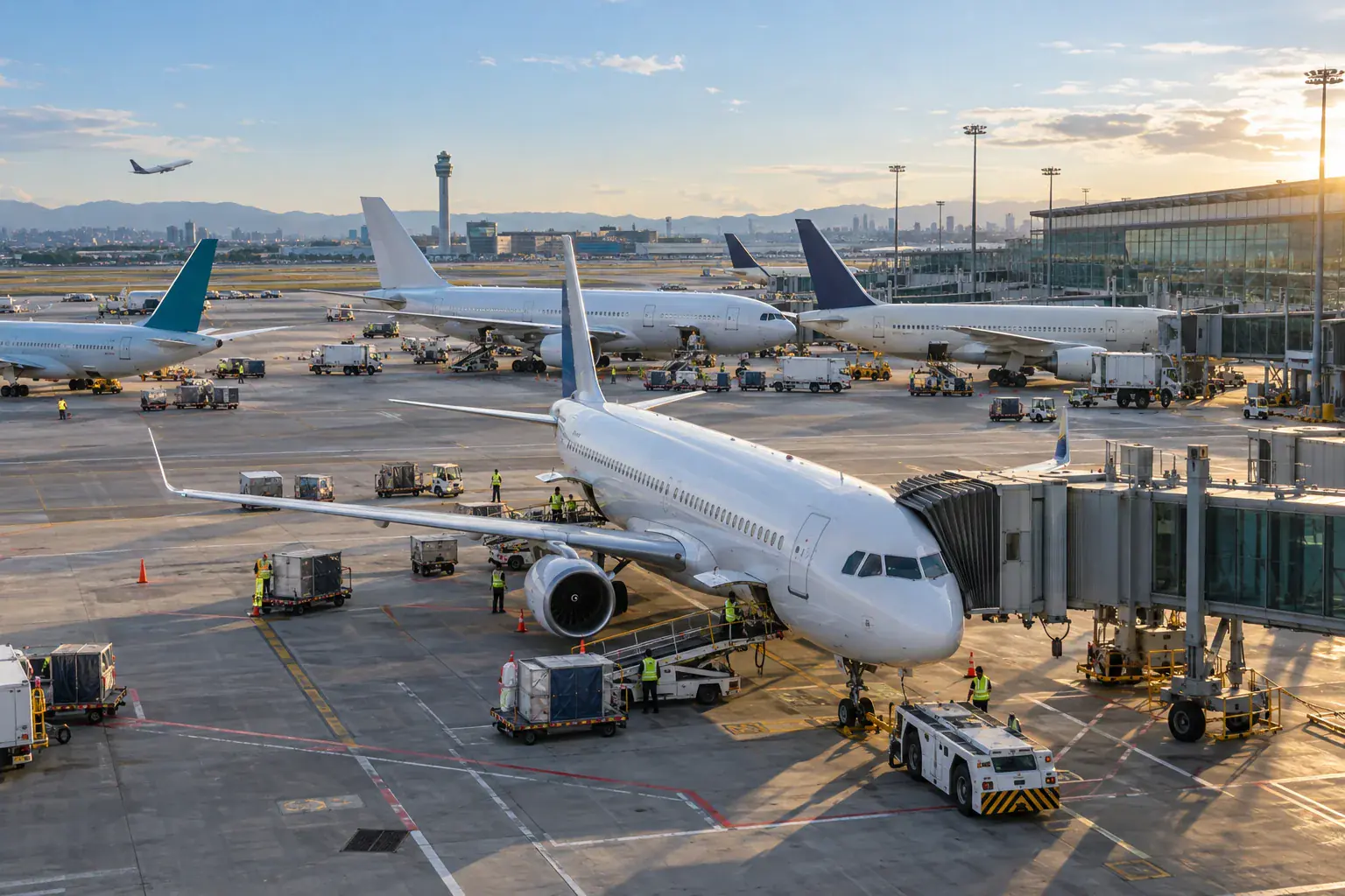 Verkehrsflugzeuge und Bodenteams auf dem Vorfeld eines internationalen Flughafens