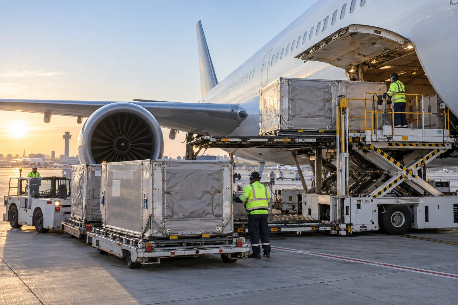 Frachtcontainer werden in das Unterdeck eines Passagierflugzeugs geladen