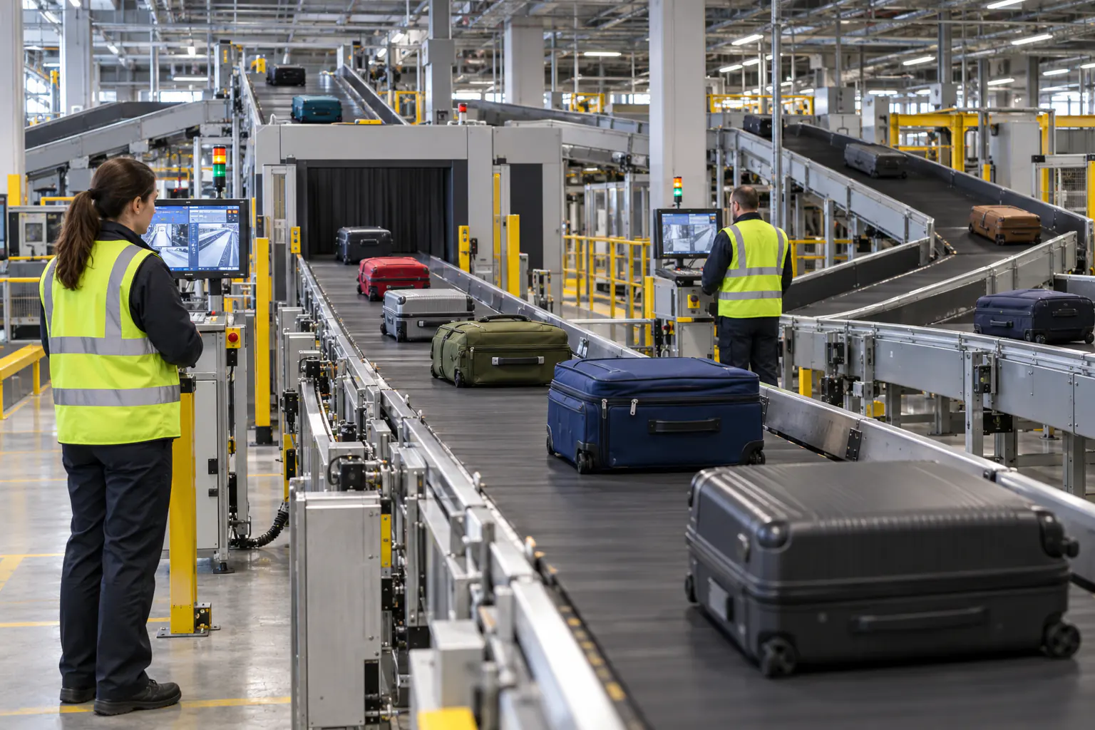 Gepäcktransferanlage mit verzweigten Förderbändern und Bodenpersonal