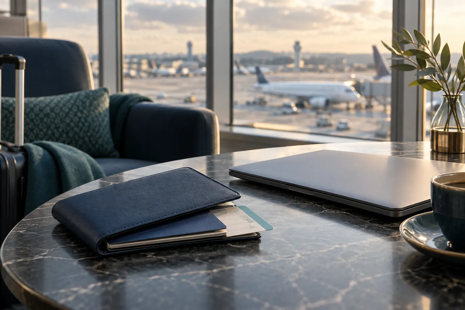 Reisedokumente und Laptop in einer ruhigen Flughafenlounge