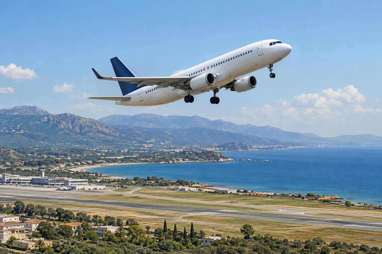 Neutrales Passagierflugzeug im Steigflug über einem Küstenflughafen